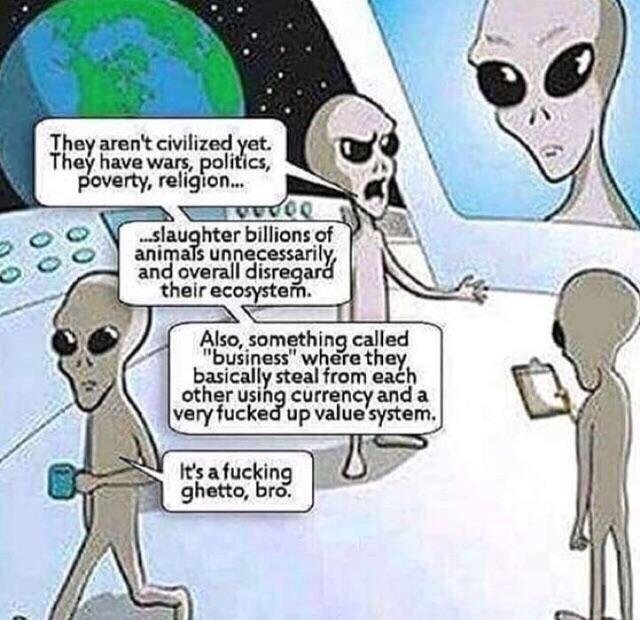 Alienígenas cinzentos numa nave com a Terra ao fundo. Balões: “They aren&rsquo;t civilized yet. They have wars, politics, poverty, religion&mldr;” / “&mldr;slaughter billions of animals unnecessarily, and overall disregard their ecosystem.” / “Also, something called &ldquo;business&rdquo; where they basically steal from each other using currency and a very fucked up value system.” / “It&rsquo;s a fucking ghetto, bro.”