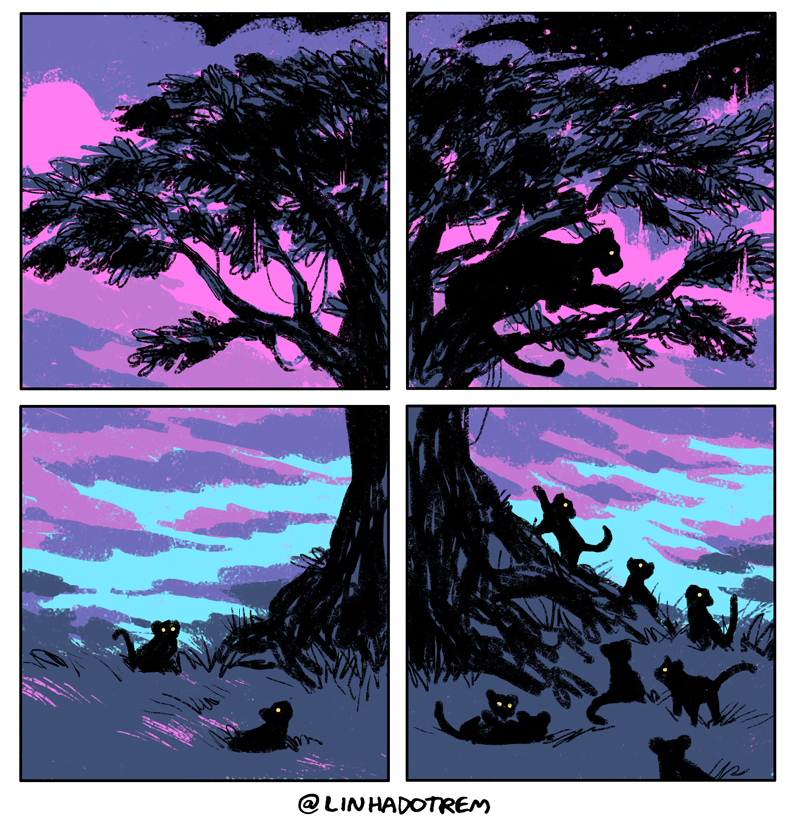 Quadrinho em quatro quadros, sem falas, em tons de roxo, rosa e azul. 1: copa de uma árvore contra o céu rosado. 2: uma pantera negra deitada num galho, de olhos amarelos. 3: ao pé da árvore, dois filhotes escuros de olhos amarelos na grama. 4: vários filhotes escalam o tronco e brincam na grama. Assinatura: &ldquo;@LINHADOTREM&rdquo;.