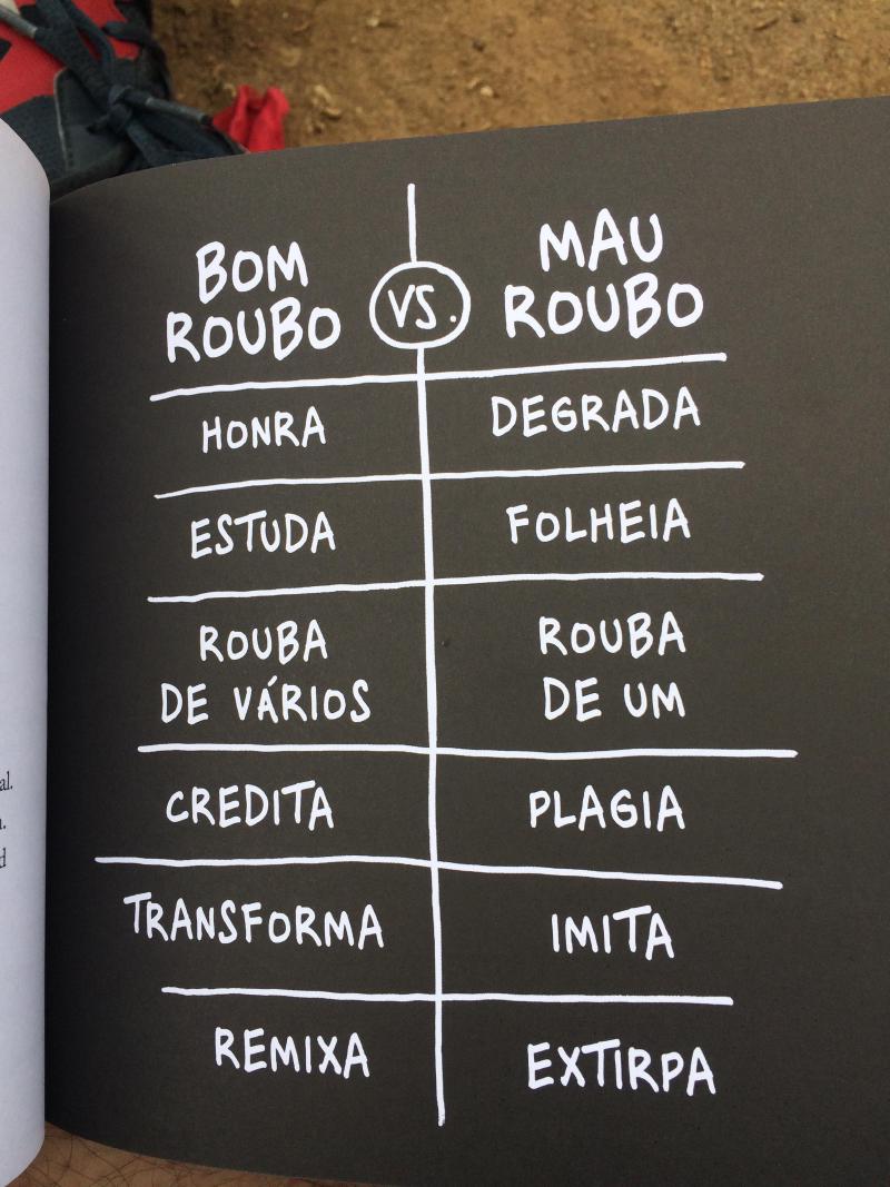 Foto de uma página de livro com fundo cinza escuro e letras brancas desenhadas à mão, em duas colunas separadas por uma linha vertical: &ldquo;BOM ROUBO vs. MAU ROUBO&rdquo;. Linhas: &ldquo;HONRA&rdquo; / &ldquo;DEGRADA&rdquo;; &ldquo;ESTUDA&rdquo; / &ldquo;FOLHEIA&rdquo;; &ldquo;ROUBA DE VÁRIOS&rdquo; / &ldquo;ROUBA DE UM&rdquo;; &ldquo;CREDITA&rdquo; / &ldquo;PLAGIA&rdquo;; &ldquo;TRANSFORMA&rdquo; / &ldquo;IMITA&rdquo;; &ldquo;REMIXA&rdquo; / &ldquo;EXTIRPA&rdquo;.