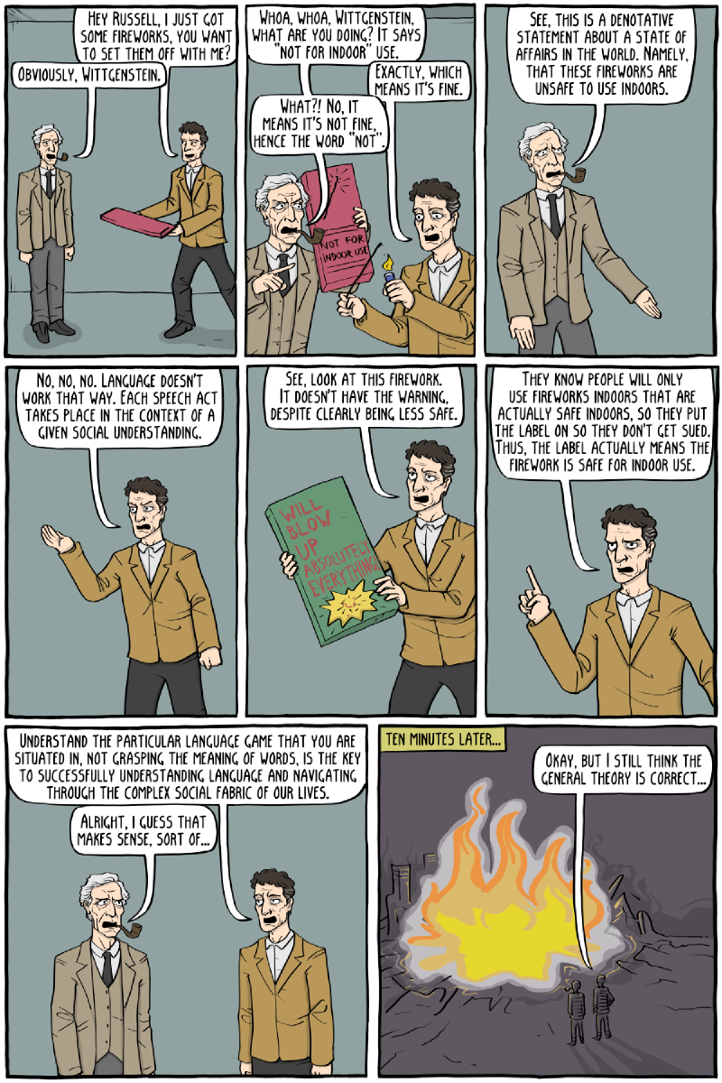 Quadrinho em oito quadros com Wittgenstein e Bertrand Russell (de cachimbo). Wittgenstein: &ldquo;HEY RUSSELL, I JUST GOT SOME FIREWORKS, YOU WANT TO SET THEM OFF WITH ME?&rdquo; Russell: &ldquo;OBVIOUSLY, WITTGENSTEIN.&rdquo; Russell, apontando a caixa com o rótulo &ldquo;NOT FOR INDOOR USE&rdquo;: &ldquo;WHOA, WHOA, WITTGENSTEIN, WHAT ARE YOU DOING? IT SAYS &ldquo;NOT FOR INDOOR&rdquo; USE.&rdquo; Wittgenstein: &ldquo;EXACTLY, WHICH MEANS IT&rsquo;S FINE.&rdquo; Russell: &ldquo;WHAT?! NO, IT MEANS IT&rsquo;S NOT FINE, HENCE THE WORD &ldquo;NOT&rdquo;.&rdquo; / &ldquo;SEE, THIS IS A DENOTATIVE STATEMENT ABOUT A STATE OF AFFAIRS IN THE WORLD. NAMELY, THAT THESE FIREWORKS ARE UNSAFE TO USE INDOORS.&rdquo; Wittgenstein: &ldquo;NO, NO, NO. LANGUAGE DOESN&rsquo;T WORK THAT WAY. EACH SPEECH ACT TAKES PLACE IN THE CONTEXT OF A GIVEN SOCIAL UNDERSTANDING.&rdquo; Segurando outra caixa com &ldquo;WILL BLOW UP ABSOLUTELY EVERYTHING&rdquo;: &ldquo;SEE, LOOK AT THIS FIREWORK. IT DOESN&rsquo;T HAVE THE WARNING, DESPITE CLEARLY BEING LESS SAFE.&rdquo; / &ldquo;THEY KNOW PEOPLE WILL ONLY USE FIREWORKS INDOORS THAT ARE ACTUALLY SAFE INDOORS, SO THEY PUT THE LABEL ON SO THEY DON&rsquo;T GET SUED. THUS, THE LABEL ACTUALLY MEANS THE FIREWORK IS SAFE FOR INDOOR USE.&rdquo; / &ldquo;UNDERSTAND THE PARTICULAR LANGUAGE GAME THAT YOU ARE SITUATED IN, NOT GRASPING THE MEANING OF WORDS, IS THE KEY TO SUCCESSFULLY UNDERSTANDING LANGUAGE AND NAVIGATING THROUGH THE COMPLEX SOCIAL FABRIC OF OUR LIVES.&rdquo; Russell: &ldquo;ALRIGHT, I GUESS THAT MAKES SENSE, SORT OF&mldr;&rdquo; Último quadro, &ldquo;TEN MINUTES LATER&mldr;&rdquo;: os dois diante de um grande incêndio entre escombros; Russell: &ldquo;OKAY, BUT I STILL THINK THE GENERAL THEORY IS CORRECT&mldr;&rdquo;