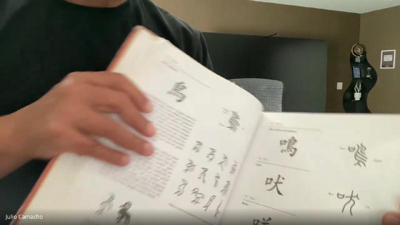 Si Fu folheia o livro que recomendou no fim do encontro, com as formas arcaicas ao lado de cada ideograma