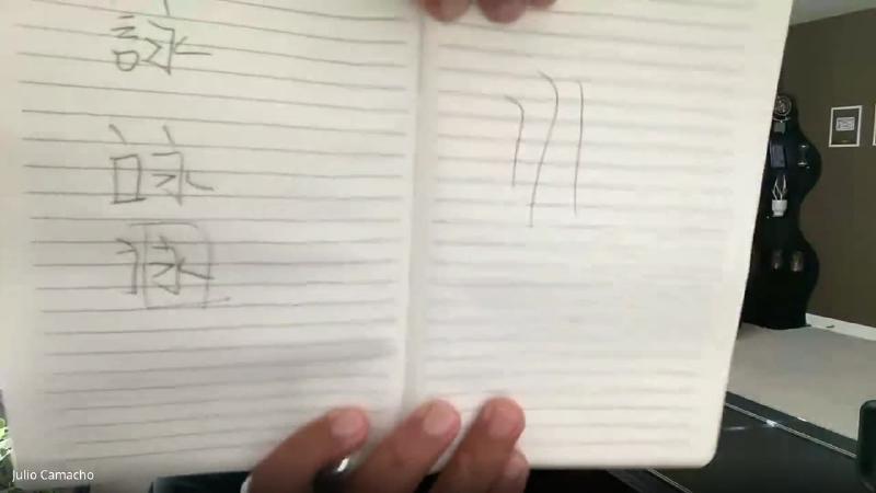 O rio desenhado por Si Fu ao falar de pista fonética: as margens e, no meio, o curso d’água, mais longo porque começa antes e termina depois do ponto de observação