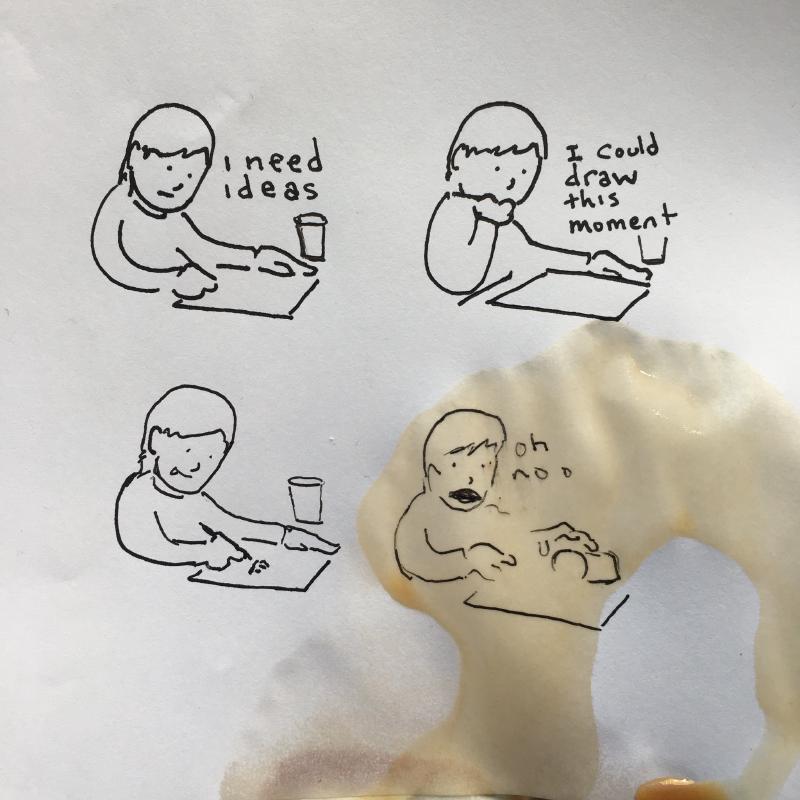 Desenho 1: pessoa à mesa com copo: “i need ideas”. Desenho 2: pessoa com a mão no queixo: “I could draw this moment”. Desenho 3: pessoa desenhando, sorrindo. Desenho 4: pessoa assustada com o copo derrubado: “oh noo”; sobre esse desenho há uma mancha real de café que se espalha pela folha.
