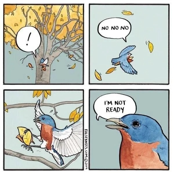 Quadro 1: um pássaro azul numa árvore de folhas amarelas que caem, com um balão “!”. Quadro 2: o pássaro voa entre as folhas caindo: “No no no”. Quadro 3: o pássaro agarra uma folha amarela com as patas num galho. Quadro 4: close no pássaro: “I&rsquo;m not ready”. Assinatura: “FALSEKNEES.COM © 2019”.