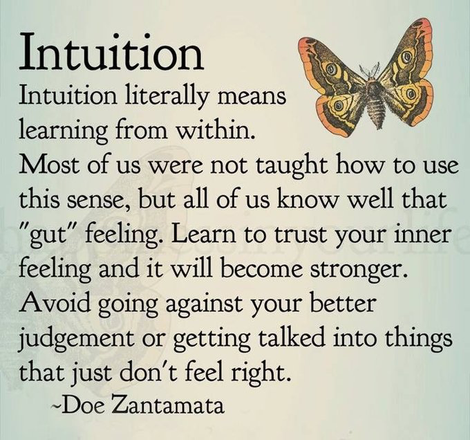 Card with a light green background, an illustration of a moth in the top right corner and a faint, illegible watermark behind the text. Text: “Intuition” / “Intuition literally means learning from within. Most of us were not taught how to use this sense, but all of us know well that “gut” feeling. Learn to trust your inner feeling and it will become stronger. Avoid going against your better judgement or getting talked into things that just don’t feel right.” / “~Doe Zantamata”