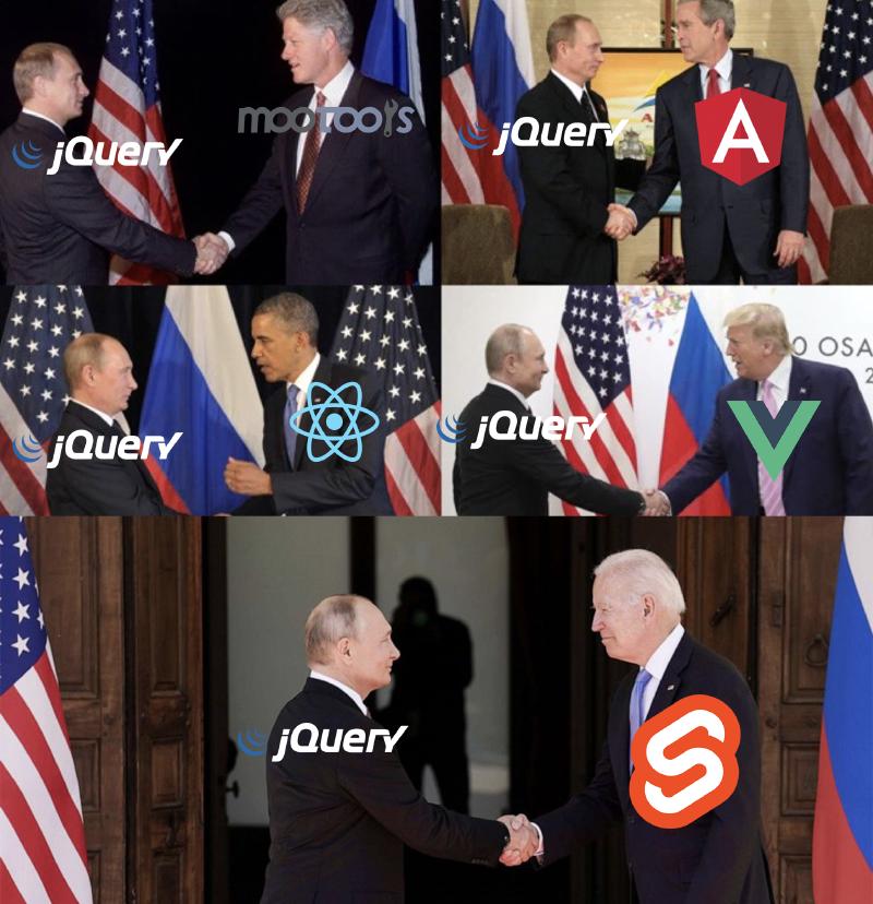 Cinco fotografias de apertos de mão diante de bandeiras dos Estados Unidos e da Rússia. Em todas, o homem da esquerda leva o logotipo “jQuery”; o da direita leva, na ordem, “MooTools”, o logo do Angular (escudo vermelho com “A”), o logo do React (átomo azul), o logo do Vue (V verde) e o logo do Svelte (S laranja). Texto de fundo parcialmente visível numa foto: “0 OSA”.