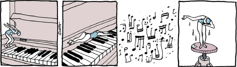 Quadro 1: figura de maiô e touca prepara o salto na borda de um piano aberto. Quadro 2: ela mergulha sobre as teclas. Quadro 3: apenas notas musicais espalhadas. Quadro 4: a figura, pingando água, faz reverência de pé sobre o banco giratório do piano. Único texto visível: assinatura “©LAERTE”.