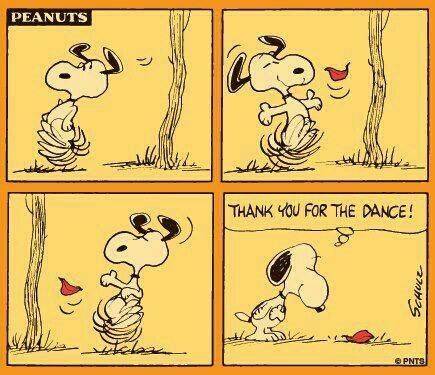 Quadros 1 a 3: Snoopy dança sob uma árvore acompanhando uma folha vermelha que cai. Quadro 4: a folha está no chão e Snoopy pensa: “Thank you for the dance!” Logo “PEANUTS”, assinatura “Schulz” e “© PNTS”.