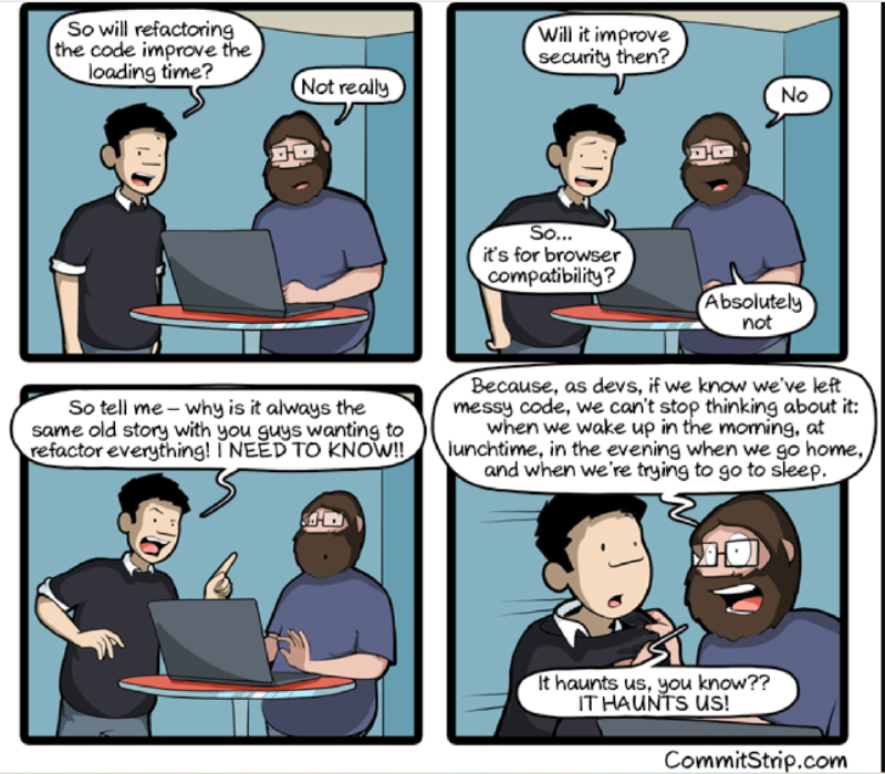 Quadro 1: “So will refactoring the code improve the loading time?” / “Not really”. Quadro 2: “Will it improve security then?” / “No” / “So&mldr; it&rsquo;s for browser compatibility?” / “Absolutely not”. Quadro 3: “So tell me – why is it always the same old story with you guys wanting to refactor everything! I NEED TO KNOW!!” Quadro 4: “Because, as devs, if we know we&rsquo;ve left messy code, we can&rsquo;t stop thinking about it: when we wake up in the morning, at lunchtime, in the evening when we go home, and when we&rsquo;re trying to go to sleep.” / “It haunts us, you know?? IT HAUNTS US!” Marca: “CommitStrip.com”.