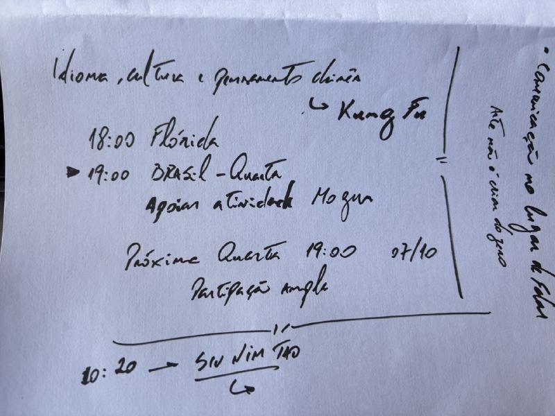 Anotações de Thiago Silva sobre os ajustes: o novo nome, os horários da Flórida e do Brasil, a quarta 07/10 com participação ampla e o comunicar no lugar do falar